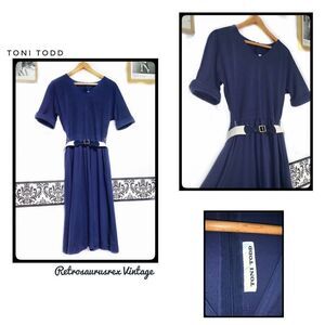 𝅺vintage 70’s Navy Blue Cotton Day Dress Small
